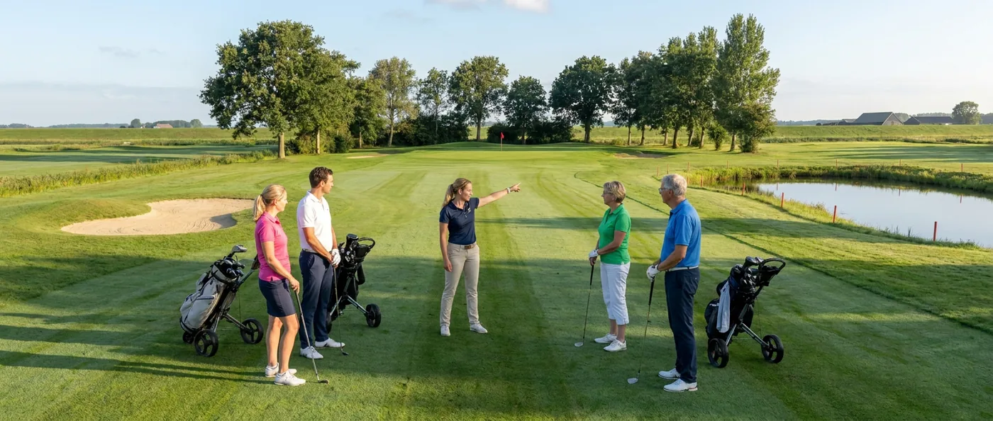 Een golfprofessional wijst naar de green en legt de hole uit aan vier cursisten op de baan