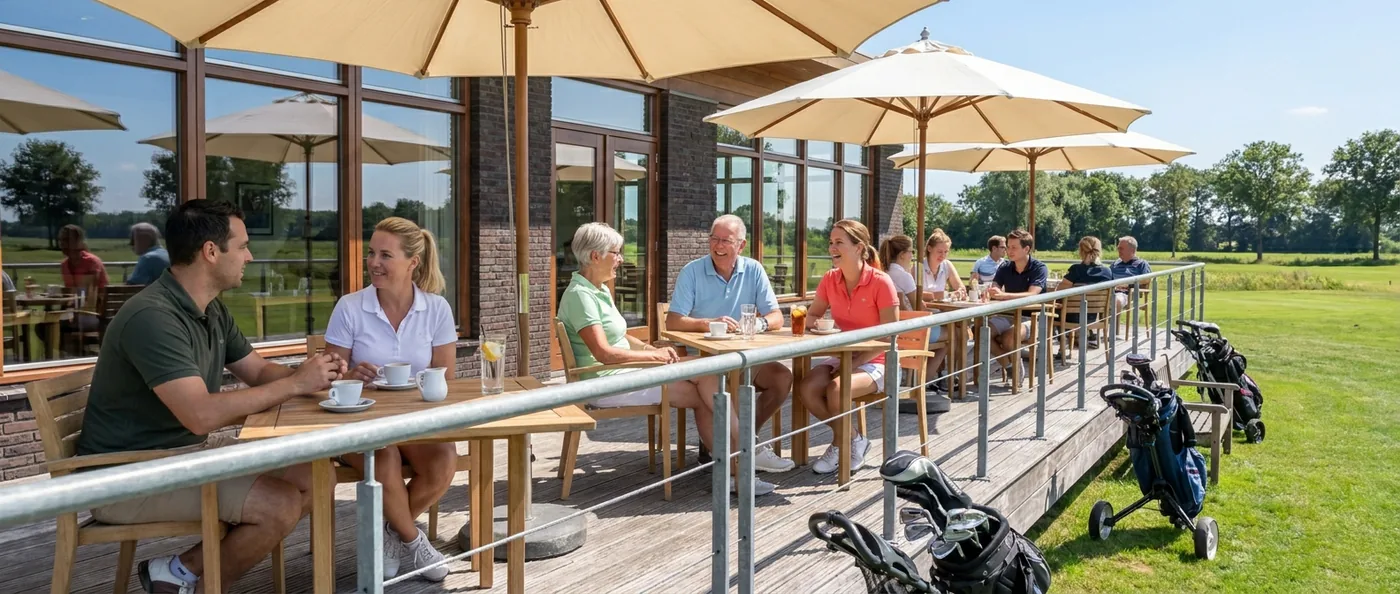 Clubleden zitten na de ronde gezellig op het terras van het clubhuis met koffie en wat te drinken