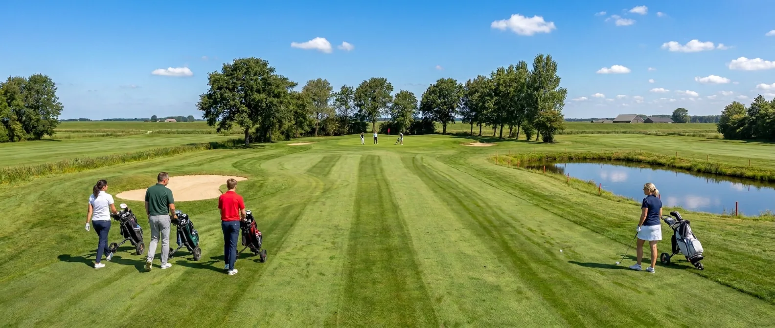 Drie golfers lopen met hun trolleys over de fairway naar de green, rechts een speelster bij de rode palen van de waterpartij