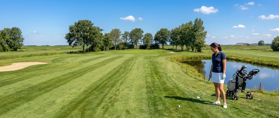 Een golfster staat bij de rode palen van de waterpartij en kijkt naar haar bal, die net buiten het strafgebied op het gras ligt