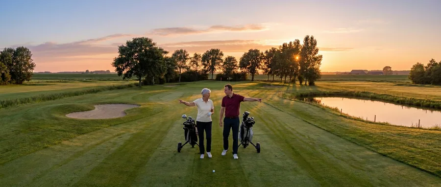 Twee golfers op de fairway overleggen de route naar de green, de een wijst langs het water, de ander naar de bunker