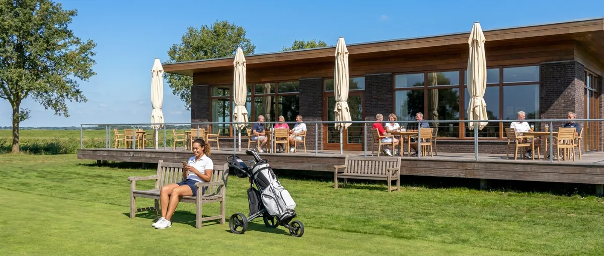 Een golfster zit op een bank voor het clubhuis en leest iets op haar telefoon, achter haar zitten clubleden op het terras