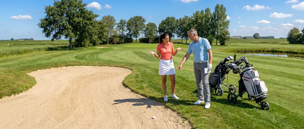 Twee golfers staan bij de bunker en kijken naar een bal in het zand, de een vraagt wat er mag