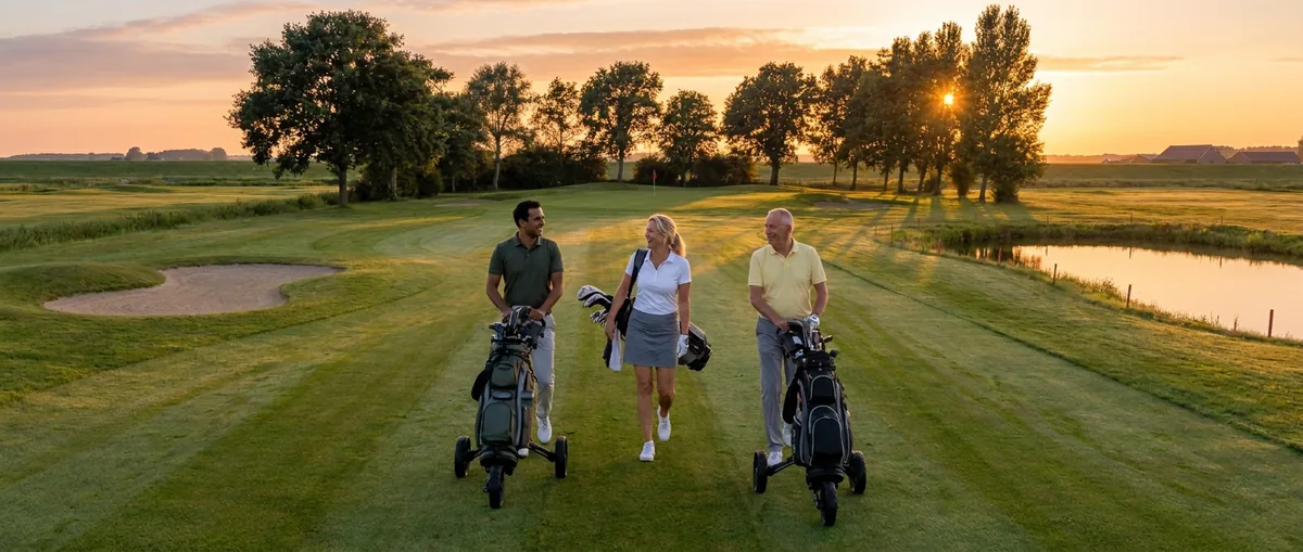 Drie golfers lopen pratend en lachend over de fairway naar de green, twee met een trolley en een met de tas op de schouder