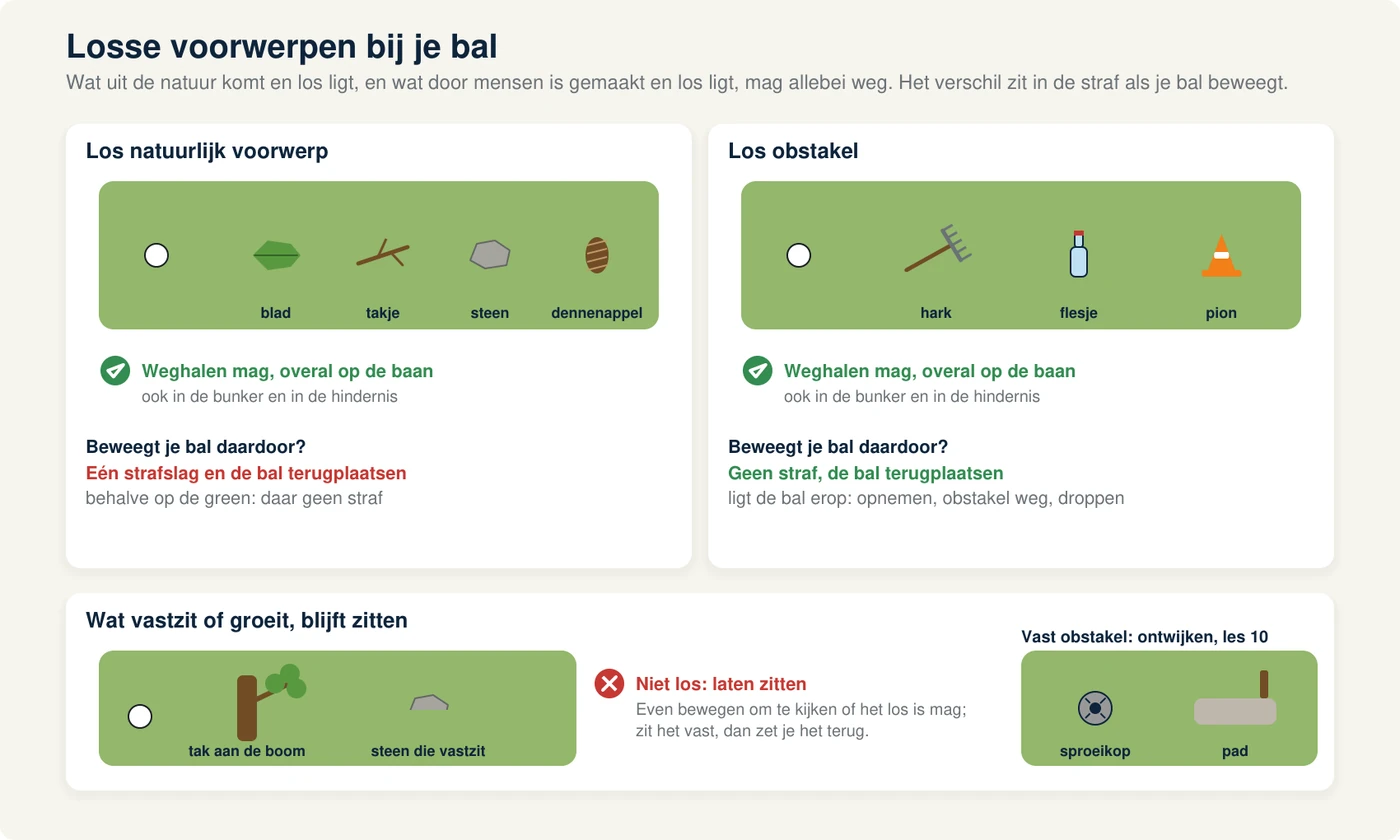 Tekening in twee helften: links losse natuurlijke voorwerpen naast een bal, een blad, een takje, een steen en een dennenappel met een vinkje en de tekst weghalen mag, beweegt de bal: één strafslag, en een groeiende tak en een steen die vastzit met een kruisje; rechts losse obstakels naast een bal, een hark, een flesje en een pion met een vinkje en de tekst weghalen mag, beweegt de bal: geen straf, en een sproeikop en een paaltje van een pad als vast obstakel