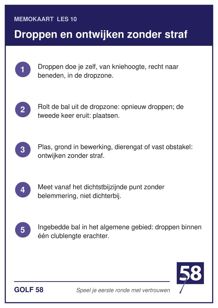 Memokaart van les 10 met de vijf punten over droppen en ontwijken