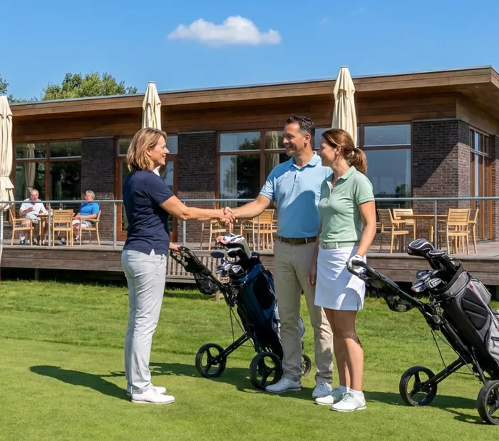 De eigenaresse van de golfclub staat met een klembord voor het clubhuis, achter haar zitten clubleden op het terras