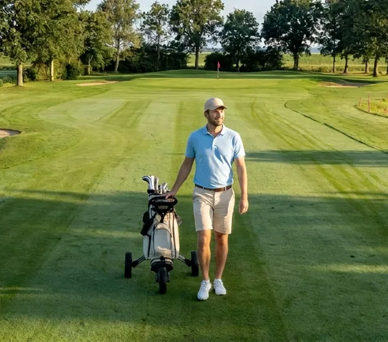 Een beginnende golfer loopt met zijn trolley over de fairway naar zijn volgende slag