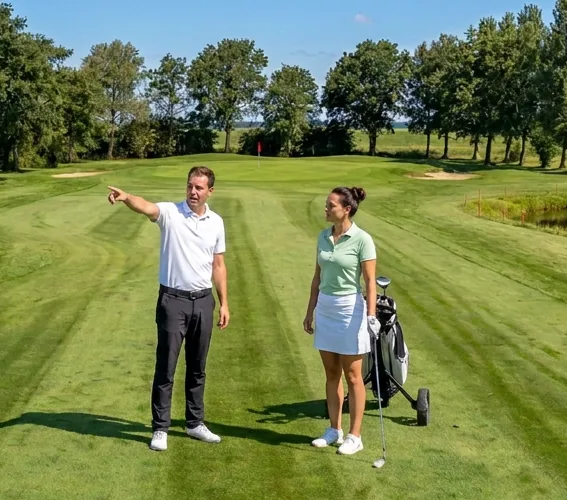 Een golfprofessional wijst een cursiste de weg naar de green en legt de hole uit